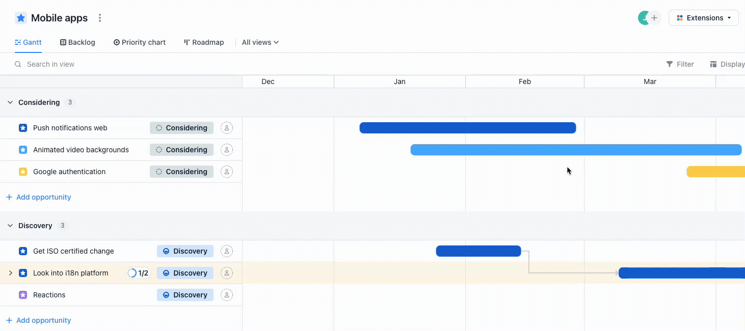 drag-and-drop-to-create-dependencies-in-airfocus-diagramma di gantt.gif